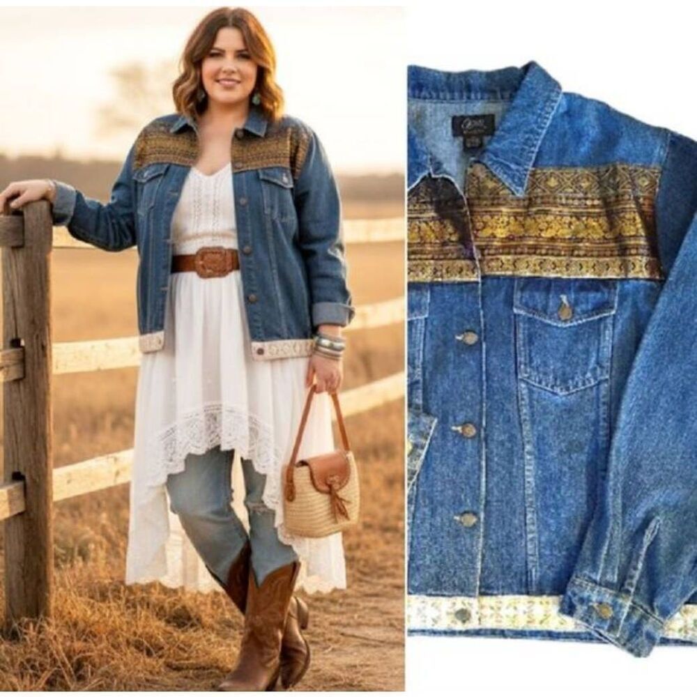 VTG Agapo Collection Boho Tapestry Detailed‎ Denim Jean Jacket Plus 2X